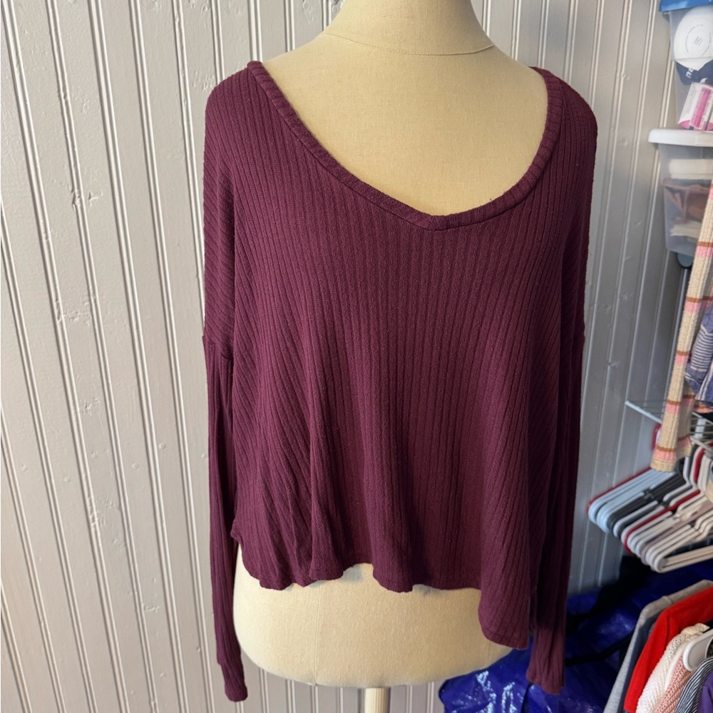 American Eagle Outfitters Maroon Ribbed Long Sleeve Top